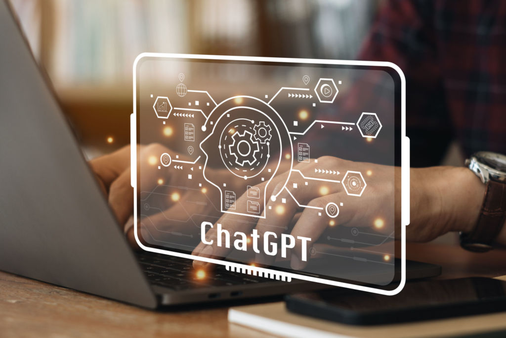 ChatGPT Chat with AI or Artificial Intelligence. Young businessm