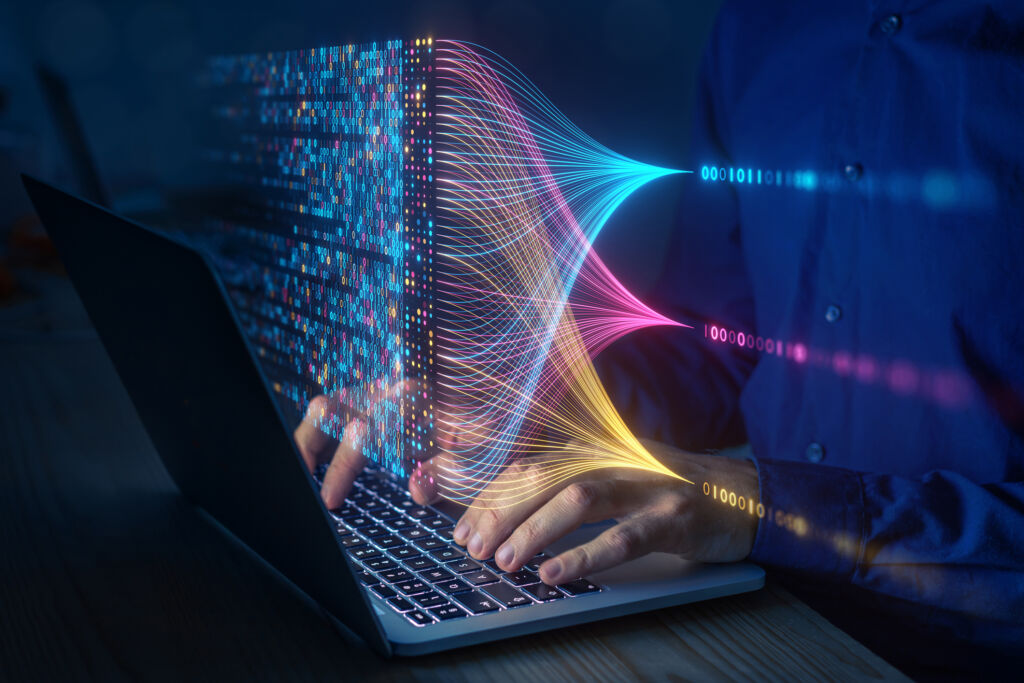 Data science and big data technology. Data scientist computing analysing and visualizing complex data set on computer. Data mining artificial intelligence machine learning business analytics