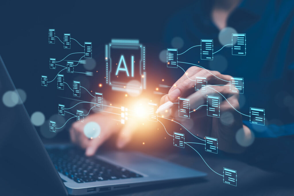 Programmer people working laptops or smartphones with AI artifi