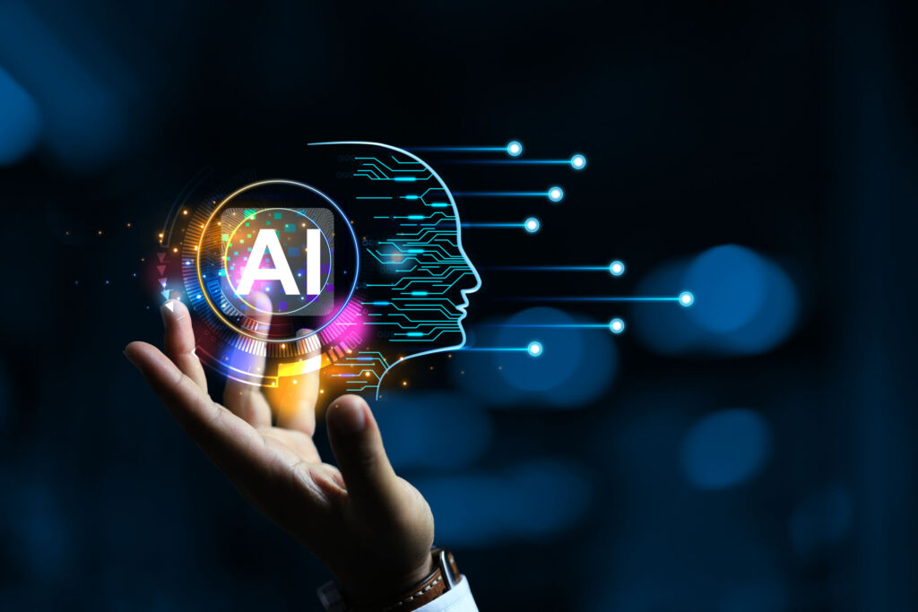 AI generative concept with programmer hand holding virtual comma