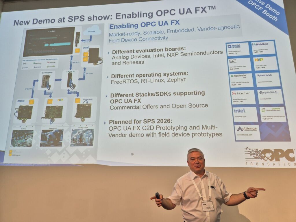 Peter Lutz erläuterte die wesentlichen Komponenten des OPC-UA-FX-Ökosystems, vom Feldgerät bis hin zu Steuerung und Cloud.