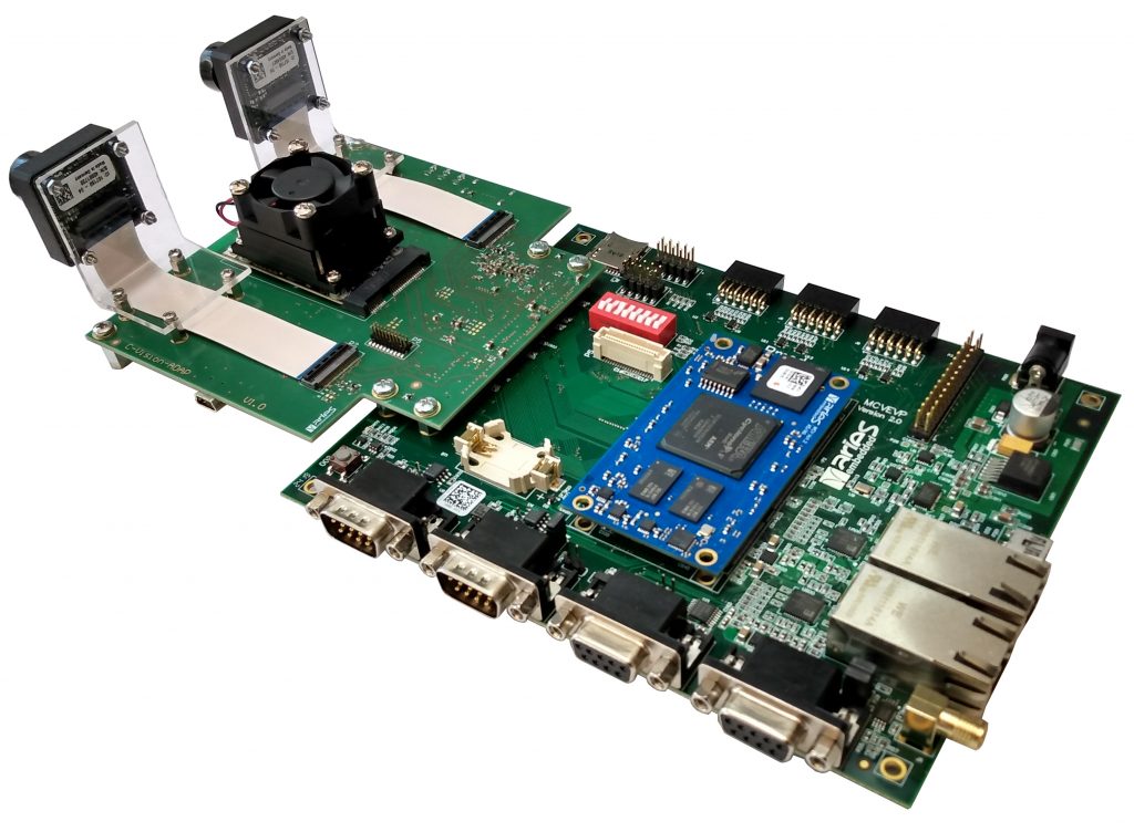 Bild 1 | Das C-Vision-Kit ist eine Designplattform für industrielle Anwendungen mit Embedded Vision und künstlicher Intelligenz (KI). Zwei Basler Dart-Kameras (l.o.) werden über das C-Vision-Adapterboard mit dem FPGA-System verbunden.